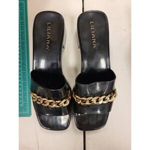 Liliana Rudy-2 Black Heels Gold‎ Chain Detail Size 9 Women's Shoes Mules